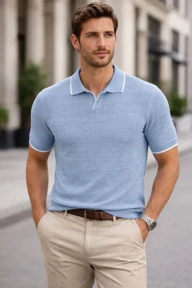 Erkek Triko Kumaş Yakalı Düğmesiz Açık Yaka Fitilli Kısa Kollu Regular Fit Tişört T-shirt - Bebek Mavisi ürün görseli 1