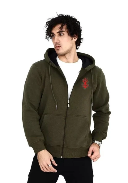 Unisex Baskılı Tam Fermuarlı Kapşonlu SweatShirt - Haki ürün görseli 1