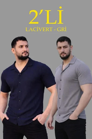 Erkek Waffle Dokuma Açık Yakalı Düğmeli Regular Kalıp 2’li Gömlek Seti - Lacivert - Gri ürün görseli 1