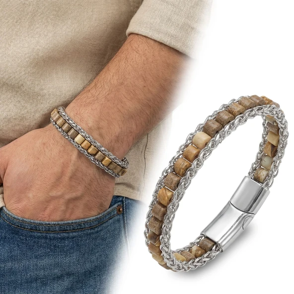 ? Premium Odun Jasper Doğal Taşlı Hasır Örgü Zincirli Erkek Çelik Bileklik   31832B28D3 ürün görseli 1