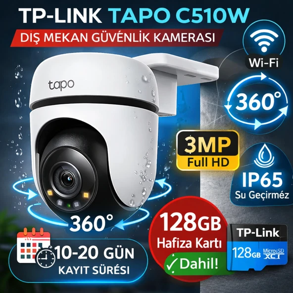 TP-Link Tapo C510W-128GB 2K 3MP 360° WiFi Dış Mekan Güvenlik Kamerası + 128GB SD Kart Dahil – IP65 Su Geçirmez, Hareket Takip, Renkli Gece Görüşlü İnsan Algılama Kamera ürün görseli 1
