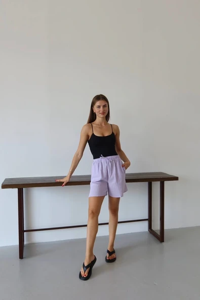 Müslin kumaş şort bağcıklı lila pt - Resim 3