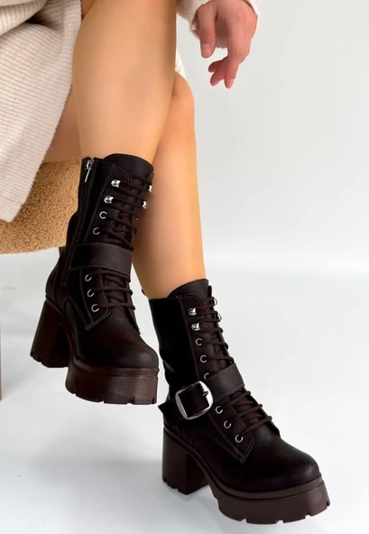 Linma Acı Kahve Cilt Bağcıklı Topuklu Bot ürün görseli 1