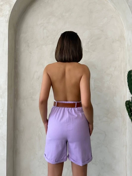 Kemerli gabardin şort lila s25735 - Resim 5