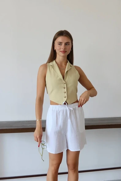 Müslin kumaş şort bağcıklı beyaz pt - Resim 2