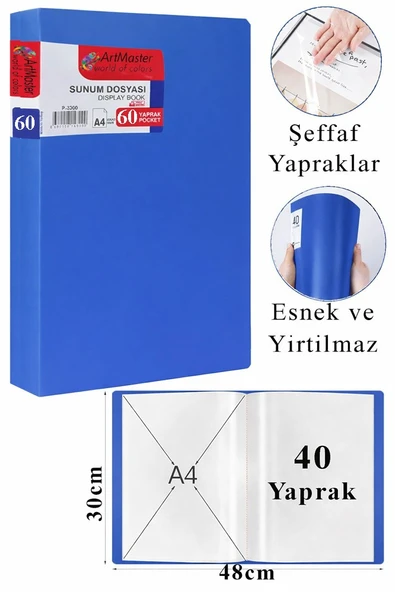 Mavi Sunum Dosyası 60 lı 1 Adet Poşet Dosyalı Katalog Dosyası 60 Poşetli Kendinden Dosya Plastik Kapaklı ürün görseli 1