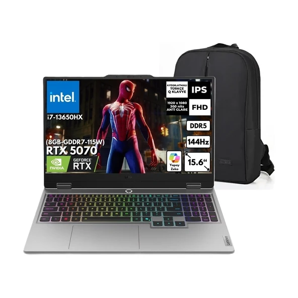 Loq I7-13650HX 24GB 512 GB SSD 15.6" Fhd 144Hz Rtx 5070 8gb Gddr7 W11PRO 83JE00D0TR Snertech Çanta ürün görseli 1