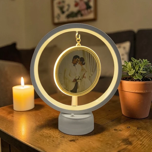 Led Işıklı Yuvarlak Fotoğraf Çerçevesi Kişiye Özel Fotoğraf Baskılı Resimli Gece Lambası Yatak Odası ürün görseli 1
