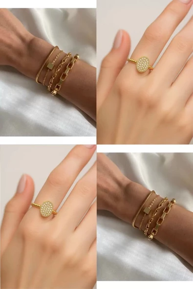 2'Lİ Set - Dörtlü Kombin Bileklik, Altın Renk Oval Motif Zirkon Yüzük SNJ-SET1005 ürün görseli 1