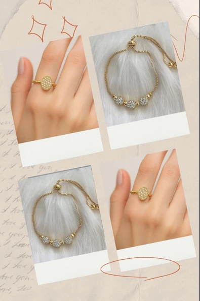2'Lİ Set - Zirkon Taşlı Üçlü Asansör Bileklik, Oval Motif Zirkon Ayarlanabilir Yüzük SNJ-SET1002 ürün görseli 1