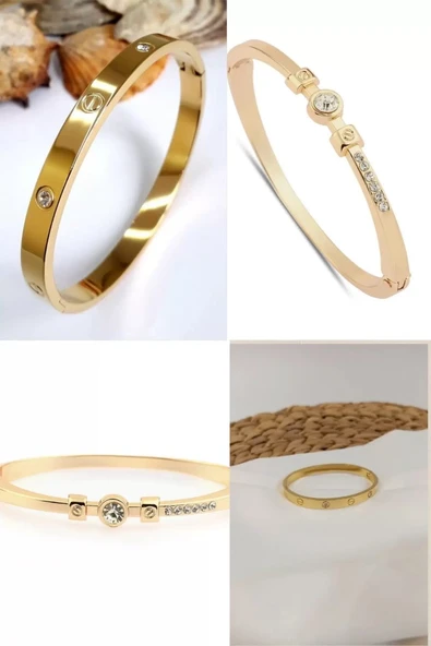 2'Lİ Set - Alaşım kartier Taşlı Bileklik Gold, Altın Renk Büyük Taşlı Bileklik SNJ-SET1004 ürün görseli 1