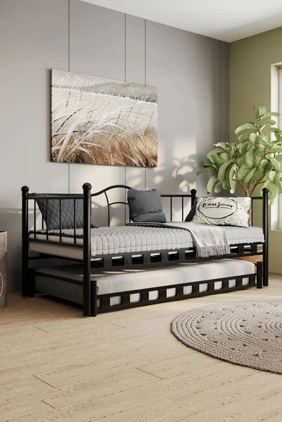 EFON Kamelya Yavrulu Metal Daybed Sedir Karyola Siyah 90x200cm ürün görseli 1