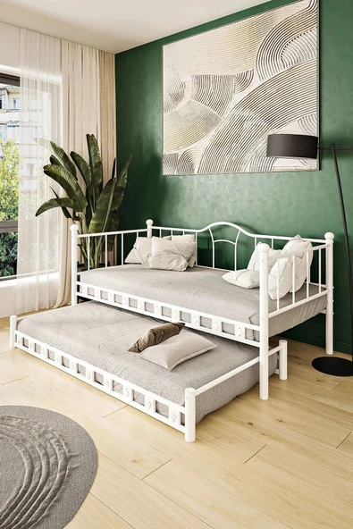 EFON Kamelya Yavrulu Daybed Sedir Karyola Beyaz 90x200cm ürün görseli 1