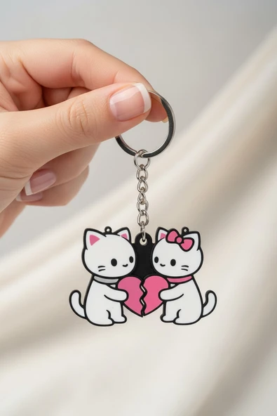 Kalp Tutan Kedi Figürlü Çift Anahtarlık ürün görseli 1