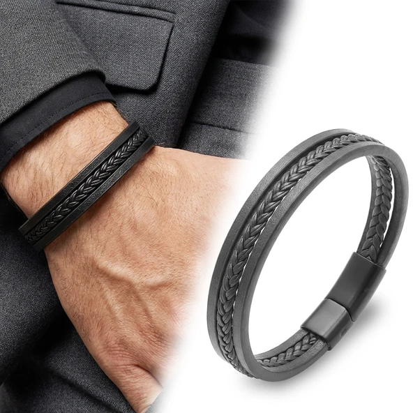 ? Premium Siyah Saç Örgülü Çoklu Deri Bileklik 31833B10D5 - 20 cm ürün görseli 1