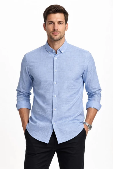 Shoow Uzun Kol Slim Fit Erkek Keten Gömlek - 7576 ürün görseli 1
