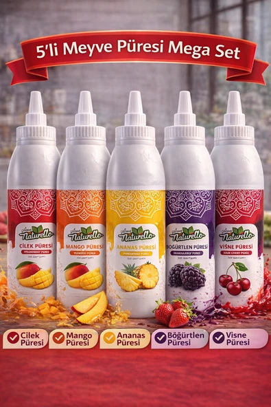 Naturello Meyve Püresi Mega Set 5x1000 ml – Çilek, Mango, Ananas, Böğürtlen, Vişne ürün görseli 1