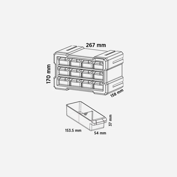 RTR RCA6014 Modüler Monoblok Çekmece Seti 12’li Darbeye Dayanıklı Vida Parça Organizer Hırdavat Kutusu 267x158x170 mm ürün görseli 1