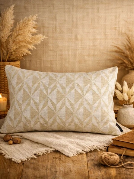 Krem Bej Geometrik Desenli Keten Kırlent Kılıfı 35x50 cm – Premium Collection ürün görseli 1