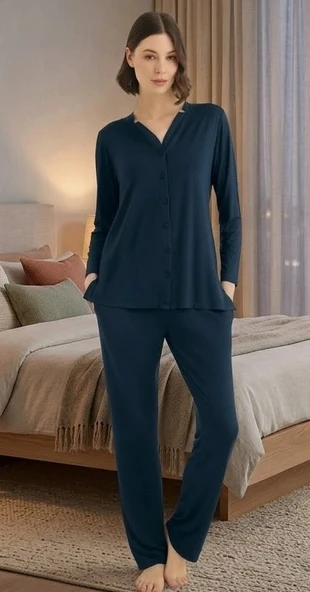 Bicomi Önden Düğmeli, Kolay Kullanım Gece Mavisi Şık Pijama Seti ürün görseli 1