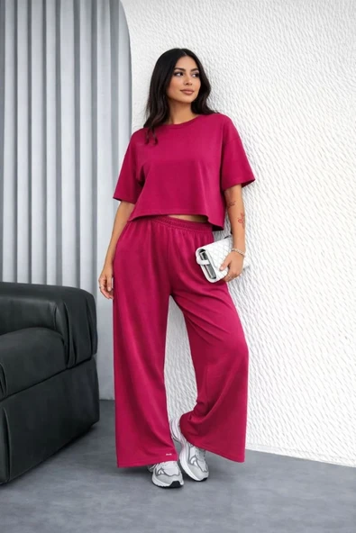 Kadın Osy Modal yumuşak dokulu Oversize İkili Bol Paça Pantolonlu Takım - Fuşya ürün görseli 1