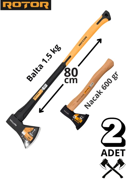 ROTOR Fiber + Ahşap Saplı 1500gr+600gr 2’li Balta Nacak Seti ürün görseli 1