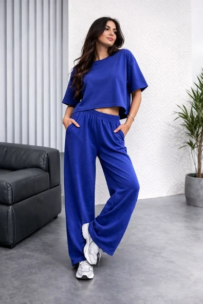 Kadın Osy Modal yumuşak dokulu Oversize İkili Bol Paça Pantolonlu Takım - Saks Mavisi ürün görseli 1