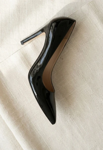 Pley Siyah Cilt Stiletto Ayakkabı - Resim 6