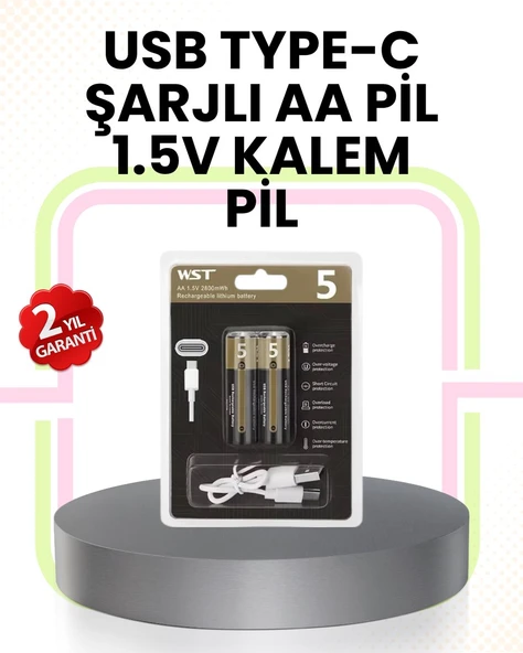 Tekrar Şarj Edilebilir AA USB Type-C Pil | 1000+ Döngü | 1.5V Sabit Voltaj ürün görseli 1