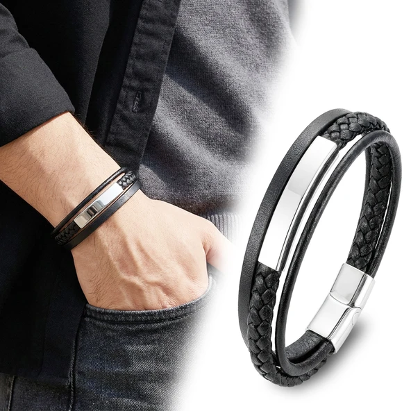 ? Premium İsim Yazılabilir Deri Çelik Plaka Bileklik – Gümüş 31834B28D7  - 20 cm ürün görseli 1