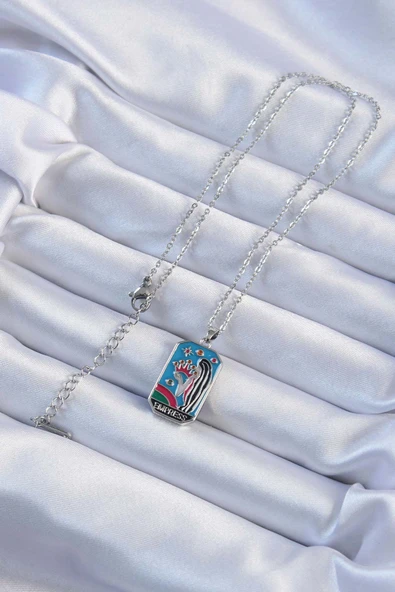 Zarif Kadın için Silver Çelik Zincir Taç ve Kız Renkli Mineli Tarot Kolye ürün görseli 1