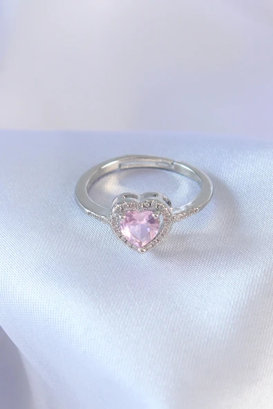 Zarif Kadın için Silver Pirinç Pembe Zirkonlu Kalp Charm Yüzük ürün görseli 1