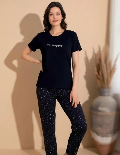 Boyraz Slim Fit Dar Kesim Kadın Milan Bisiklet Yaka Kısa Kol Pijama Takımı 11004S - 1 Adet  XL Siyah ürün görseli 1