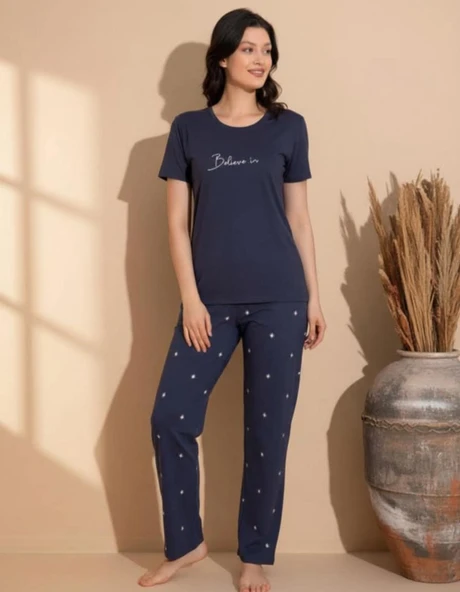 Boyraz Slim Fit Dar Kesim Kadın Milan Bisiklet Yaka Kısa Kol Pijama Takımı 11005F - 1 Adet  XL Füme ürün görseli 1