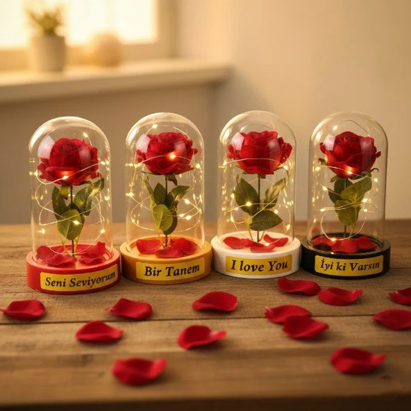 Gül Yapraklı Ledli Gül Fanus - Resim 2