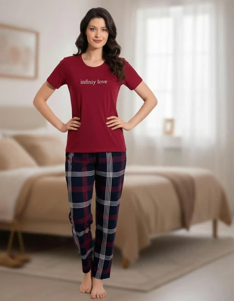 Boyraz Slim Fit Dar Kesim Kadın Milan Bisiklet Yaka Kısa Kol Pijama Takımı 11007B - 1 Adet  L Bordo ürün görseli 1