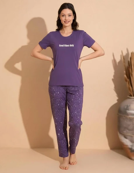 Boyraz Slim Fit Dar Kesim Kadın Milan Bisiklet Yaka Kısa Kol Pijama Takımı 11008M - 1 Adet  2XL Mor ürün görseli 1