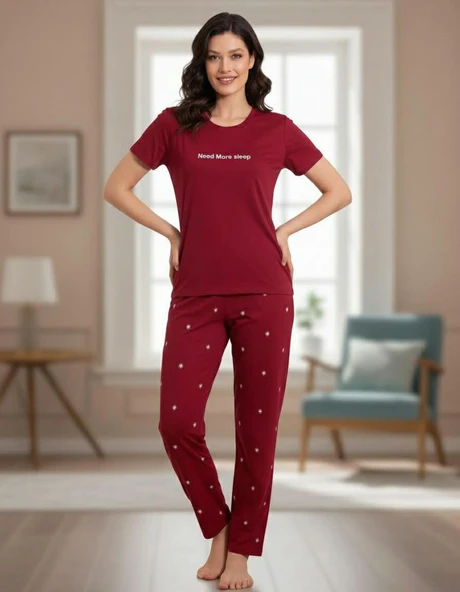 Boyraz Slim Fit Dar Kesim Kadın Milan Bisiklet Yaka Kısa Kol Pijama Takımı 11003B - 1 Adet  Bordo S - M ürün görseli 1