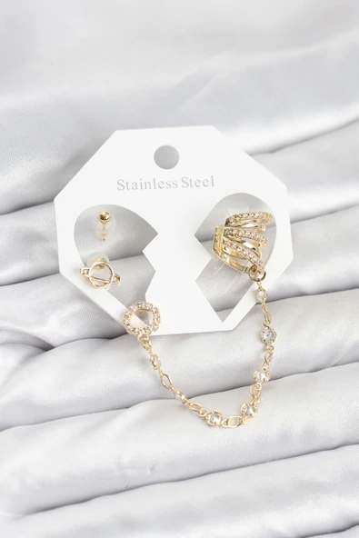 Zarif Kulaklar için Golden Pirinç Uzay Stil Zincir Bağlantılı Ear Cuff Küpe Seti ürün görseli 1