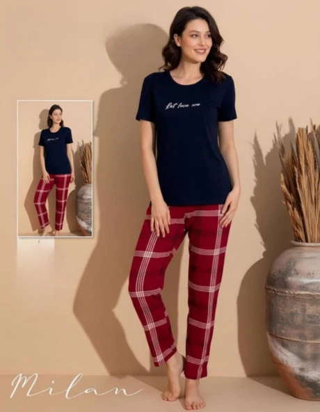 Boyraz Slim Fit Dar Kesim Kadın Milan Bisiklet Yaka Kısa Kol Pijama Takımı 11006L - 1 Adet  L Lacivert ürün görseli 1