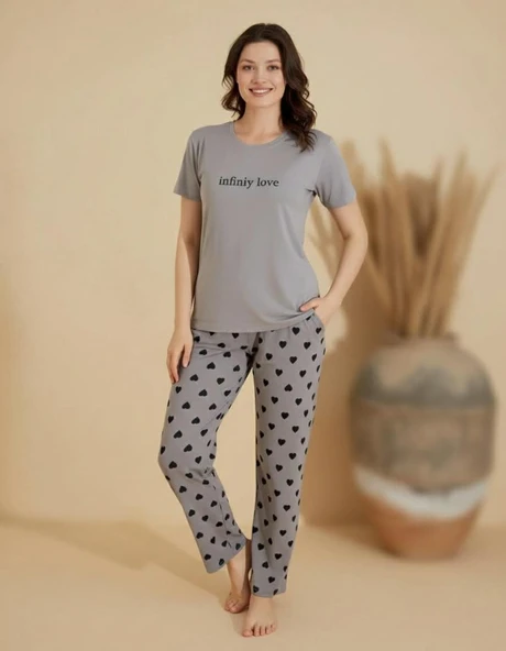 Boyraz Slim Fit Dar Kesim Kadın Milan Bisiklet Yaka Kısa Kol Pijama Takımı 11026G - 1 Adet  XL Gri ürün görseli 1