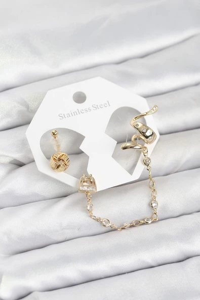 Zarif Kulaklar için Golden Pirinç Yılan Zincir Bağlantılı Ear Cuff Küpe Seti ürün görseli 1