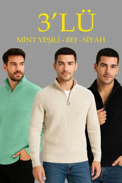 Erkek Fitilli Triko Kazak 3’lü Set – Mint Yeşili, Siyah, Bej Kalın Dokuma Pamuklu Regular Fit V Yaka Fermuarlı Uzun Kollu Rahat Kışlık Kazak Kombini ürün görseli 1