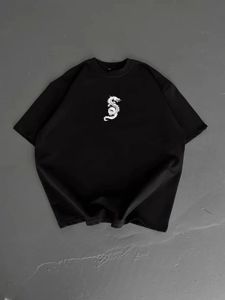 Baskılı Oversize Bisiklet Yaka T-shirt - Siyah ürün görseli 1