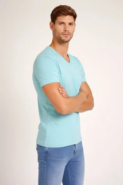 Erkek T-Shirt V Yaka Slim Fit Dar Kesim Likralı Tişört Günlük Basic Body - Turkuvaz ürün görseli 1