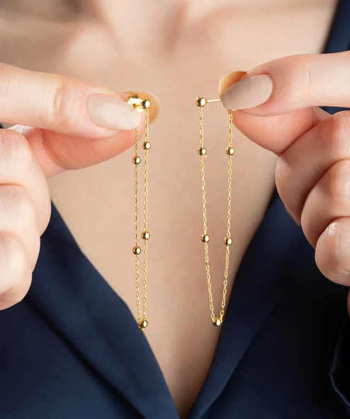 Gümüş Çift Zincirli Gold Top Detaylı Kadın Küpe ürün görseli 1