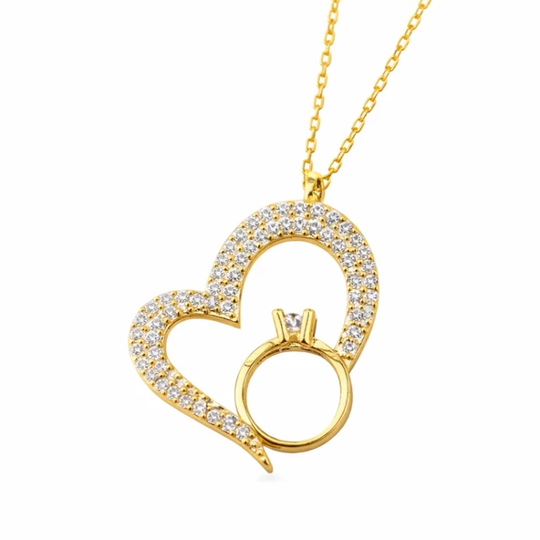 Gümüş Tektaşlı Gold Kalp Kadın Kolye ürün görseli 1