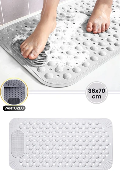 Vantuzlu Banyo ve Küvet Matı, Kaydırmaz Duş Paspası Gözenekli Ayak Masaj Halısı (70x36cm) Beyaz ürün görseli 1