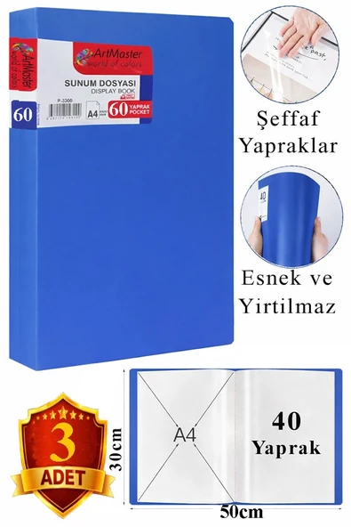 Mavi Sunum Dosyası 60 lı 3 Adet Poşet Dosyalı Katalog Dosyası 60 Poşetli Kendinden Dosya Plastik Kapaklı ürün görseli 1