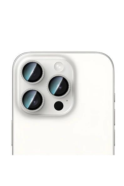 CaseWorld iPhone 15 Pro Uyumlu Alloy Sparkling Diamond Serisi Taşlı Lens Koruyucu Gümüş ürün görseli 1